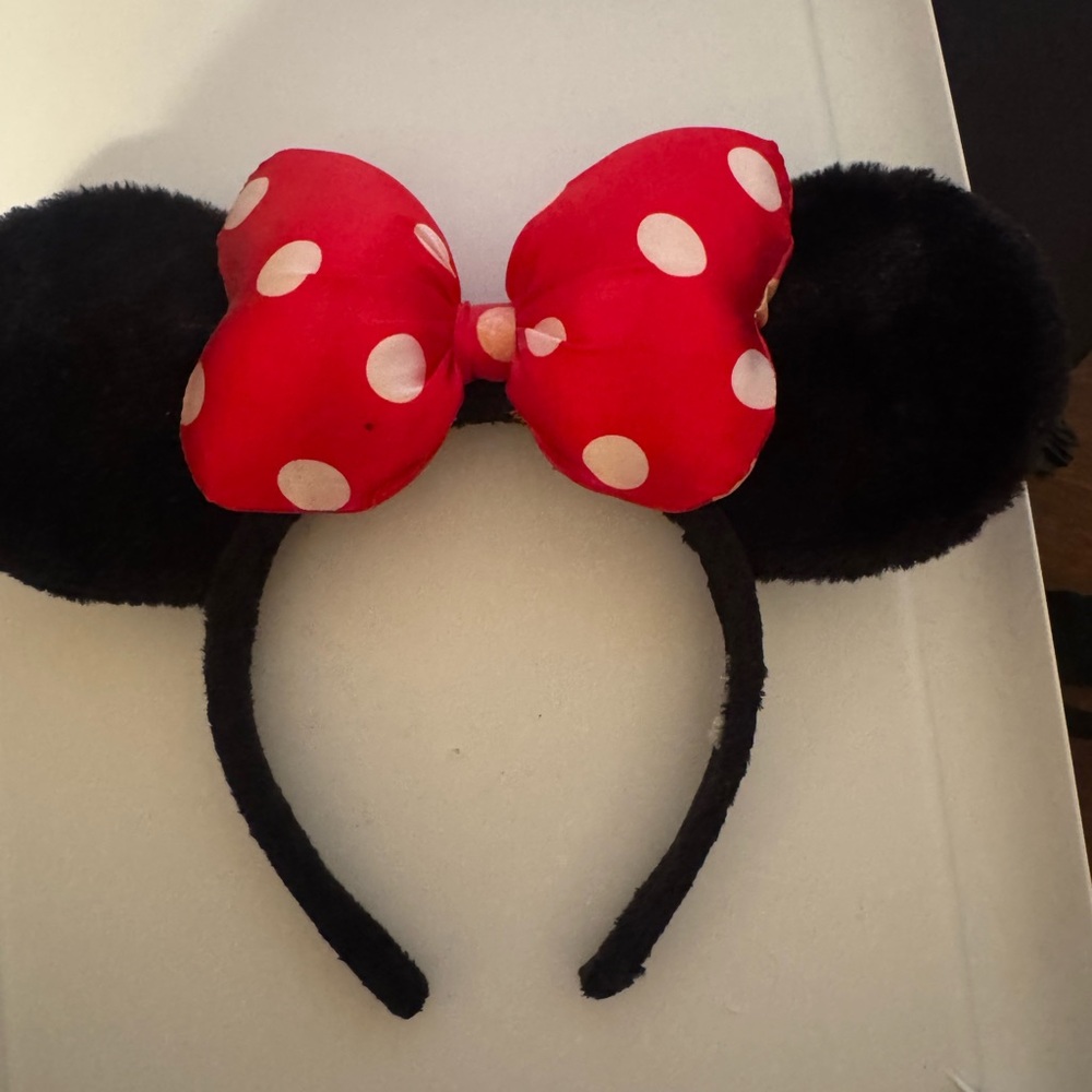 Black Plush Minnie Mouse Ears Headband with Red Polka Dot Bow